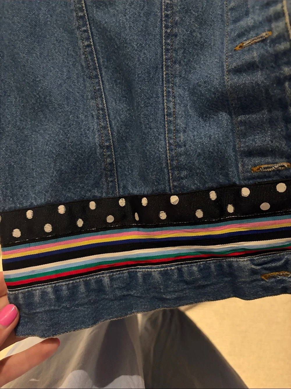 Liza Byrd Blue Denim Jacket with Multicolor Striped Trim